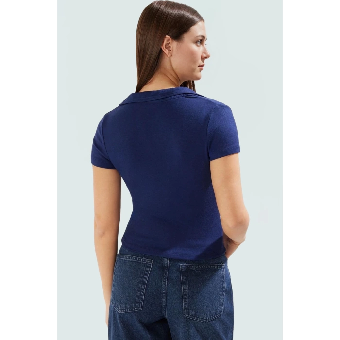 Viskoz Ribana Örme Bluz Crop Polo Yaka Fitted Rahat Kullanım Premium Kalite Modern Stil
