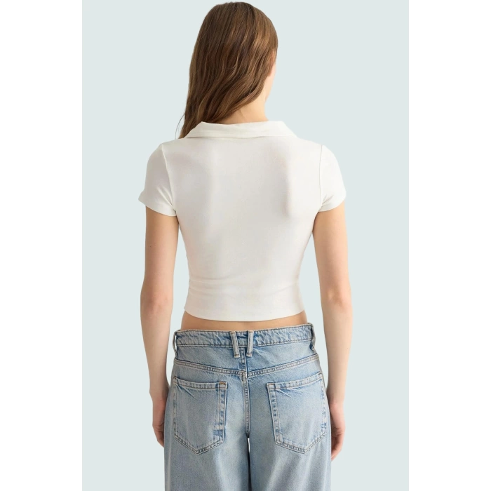 Viskoz Ribana Örme Bluz Crop Polo Yaka Fitted Rahat Kullanım Premium Kalite Modern Stil