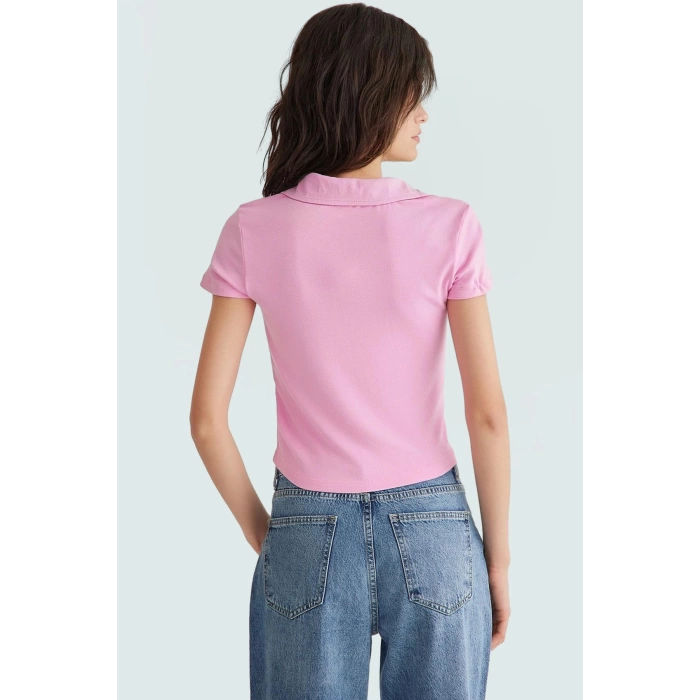 Viskoz Ribana Örme Bluz Crop Polo Yaka Fitted Rahat Kullanım Premium Kalite Modern Stil