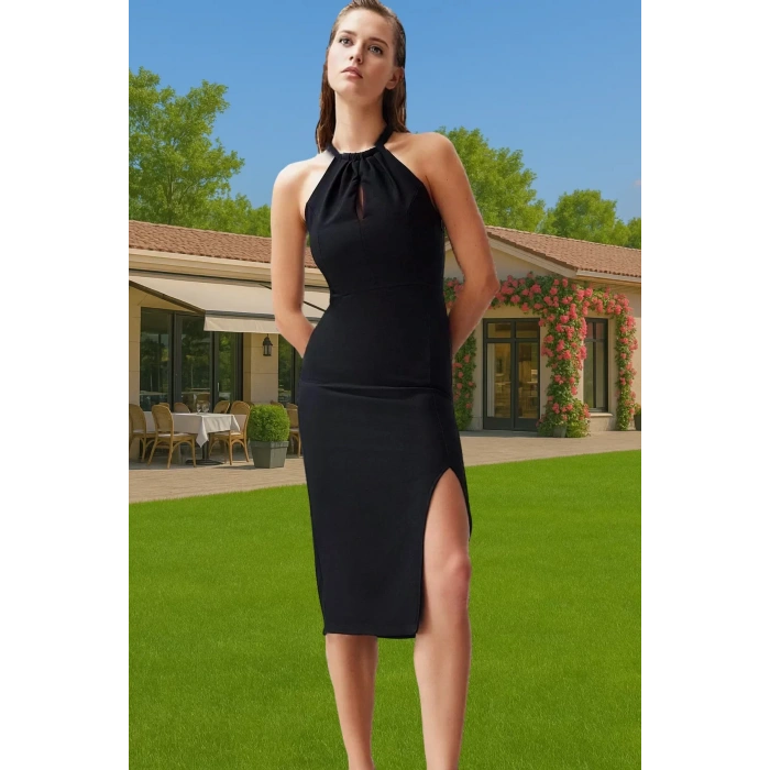 Vücuda Oturan Cut Out Detaylı Finike Dokuma Abiye Elbise Rahat Kullanım Trend Tasarım Modern Stil