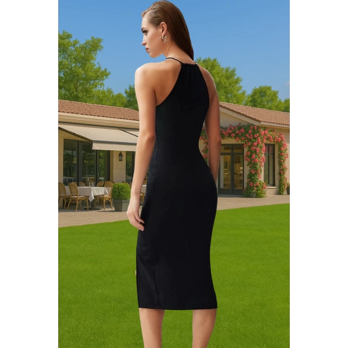 Vücuda Oturan Cut Out Detaylı Finike Dokuma Abiye Elbise Rahat Kullanım Trend Tasarım Modern Stil