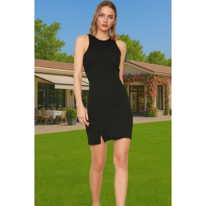Vücuda Oturan Halter Yaka Mini Elbise Örme Kumaş Rahat Günlük Stil Özenle Seçilmiş Özel Tasarım