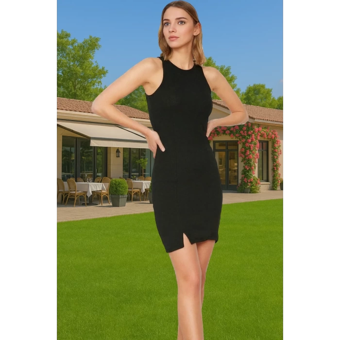 Vücuda Oturan Halter Yaka Mini Elbise Örme Kumaş Rahat Günlük Stil Özenle Seçilmiş Özel Tasarım
