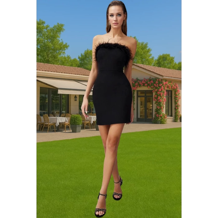 Vücuda Oturan Mini Boy Straplez Abiye Elbise Polyester Elastan Finike Kumaş Zarifane Tasarım