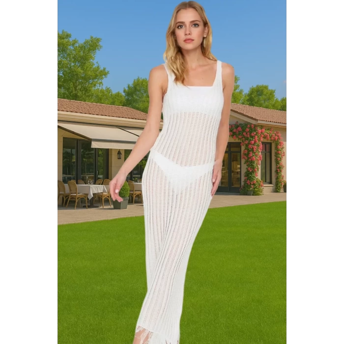 Vücuda Oturan Örme Maxi Elbise Püskül Detayı Rahat Yazlık Model Özenle Seçilmiş Modern Stil