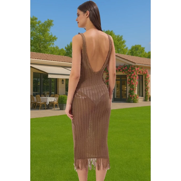 Vücuda Oturan Örme Maxi Elbise Püskül Detayı Rahat Yazlık Model Özenle Seçilmiş Modern Stil
