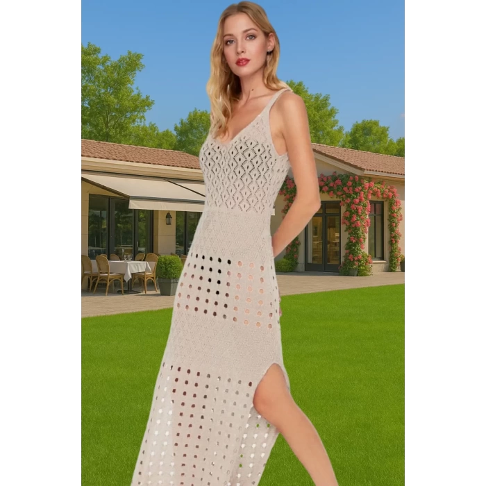 Vücuda Oturan Örme Triko Maxi Elbise Yırtmaçlı Plaj Şıklığı Modern Stil Modern Stil Rahat Kullanım