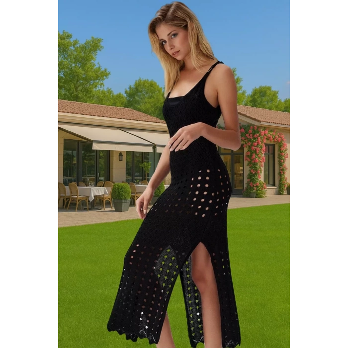Vücuda Oturan Örme Triko Maxi Elbise Yırtmaçlı Plaj Şıklığı Modern Stil Modern Stil Rahat Kullanım
