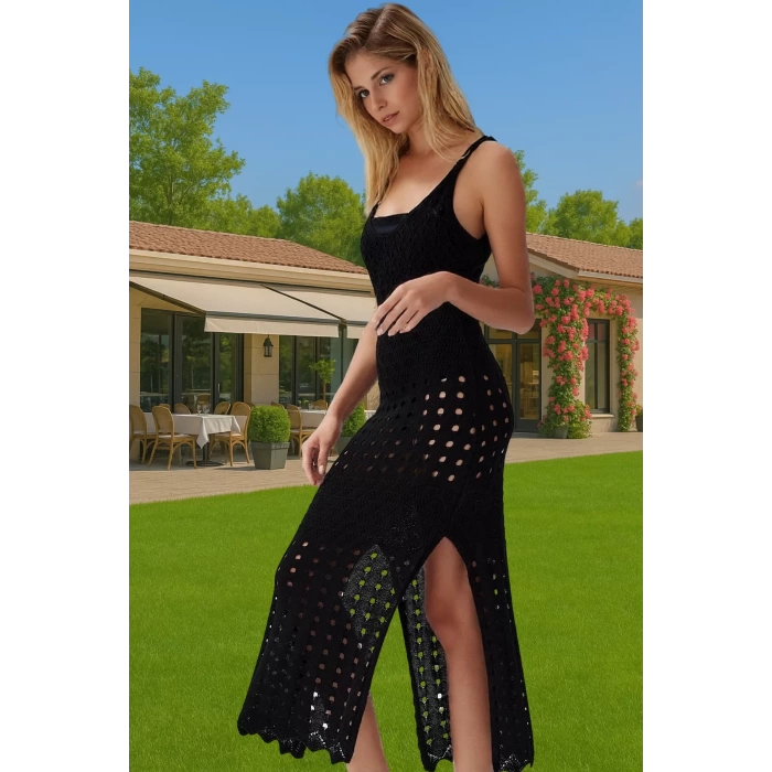 Vücuda Oturan Örme Triko Maxi Elbise Yırtmaçlı Plaj Şıklığı Modern Stil Modern Stil Rahat Kullanım