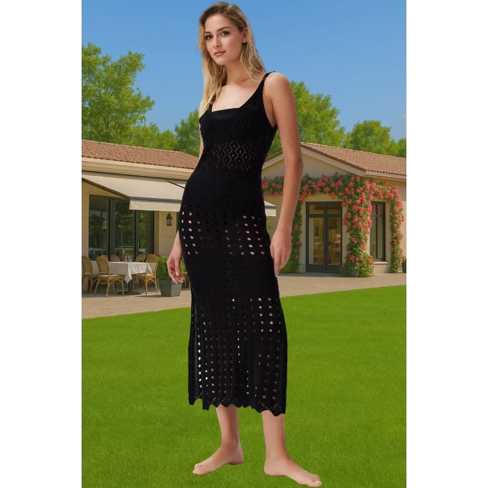Vücuda Oturan Örme Triko Maxi Elbise Yırtmaçlı Plaj Şıklığı Modern Stil Modern Stil Rahat Kullanım