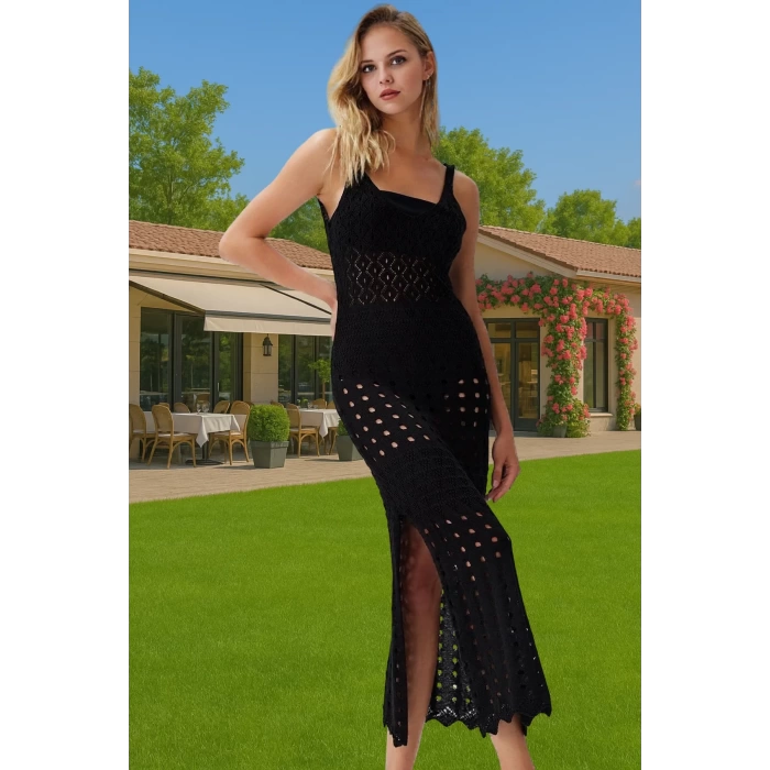 Vücuda Oturan Örme Triko Maxi Elbise Yırtmaçlı Plaj Şıklığı Modern Stil Modern Stil Rahat Kullanım