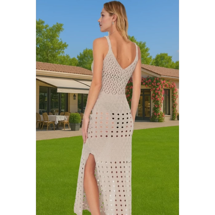 Vücuda Oturan Örme Triko Maxi Elbise Yırtmaçlı Plaj Şıklığı Modern Stil Modern Stil Rahat Kullanım