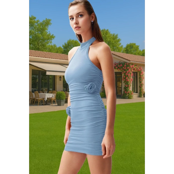 Vücudu Saran Kısa Örme Abiye Elbise Halter Yaka Tasarım Premium Kalite Modern Stil Rahat Kullanım