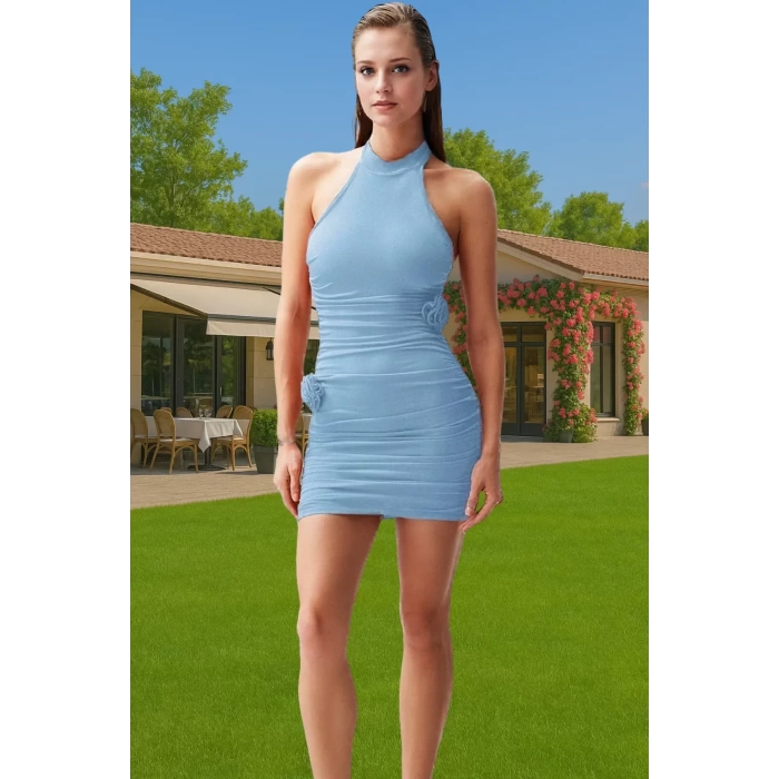 Vücudu Saran Kısa Örme Abiye Elbise Halter Yaka Tasarım Premium Kalite Modern Stil Rahat Kullanım