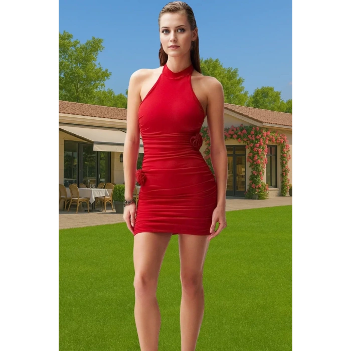 Vücudu Saran Kısa Örme Abiye Elbise Halter Yaka Tasarım Premium Kalite Modern Stil Rahat Kullanım