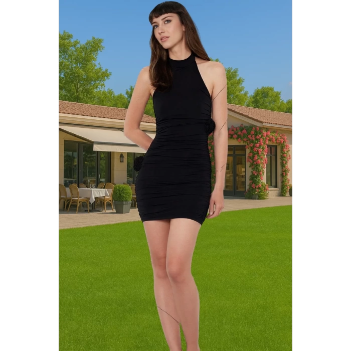 Vücudu Saran Kısa Örme Abiye Elbise Halter Yaka Tasarım Premium Kalite Modern Stil Rahat Kullanım