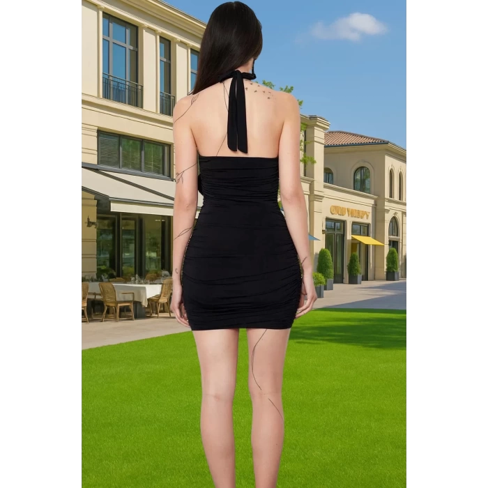 Vücudu Saran Kısa Örme Abiye Elbise Halter Yaka Tasarım Premium Kalite Modern Stil Rahat Kullanım