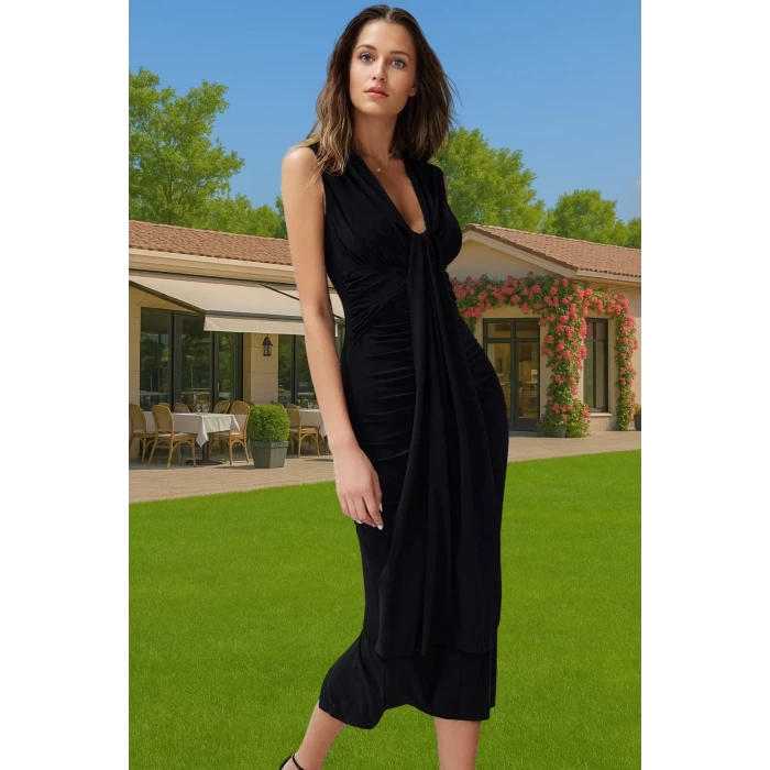Vücudu Saran Midi Örme Abiye Elbise Şık Tasarım Polyester Elastan Modern Stil Rahat Ve Şık