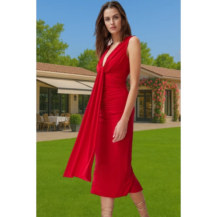 Vücudu Saran Midi Örme Abiye Elbise Şık Tasarım Polyester Elastan Modern Stil Rahat Ve Şık
