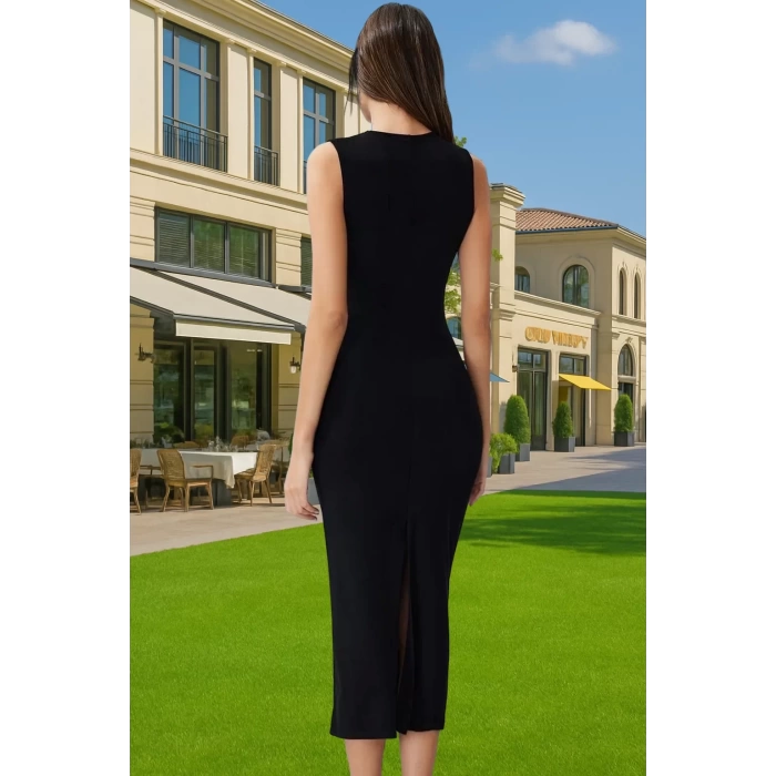 Vücudu Saran Midi Örme Abiye Elbise Şık Tasarım Polyester Elastan Modern Stil Rahat Ve Şık