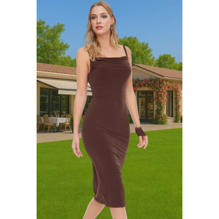Vücudu Saran Şık Midi Boy Askılı Polyester Örme Elbise Özel Tasarım Seçkin Malzeme Yüksek Kalite