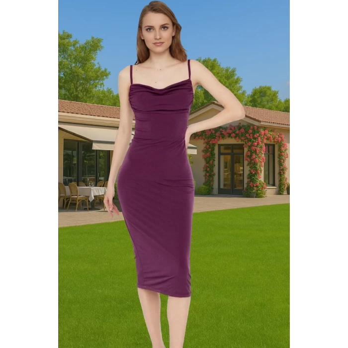Vücudu Saran Şık Midi Boy Askılı Polyester Örme Elbise Özel Tasarım Seçkin Malzeme Yüksek Kalite