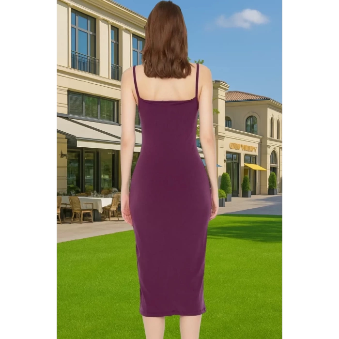 Vücudu Saran Şık Midi Boy Askılı Polyester Örme Elbise Özel Tasarım Seçkin Malzeme Yüksek Kalite