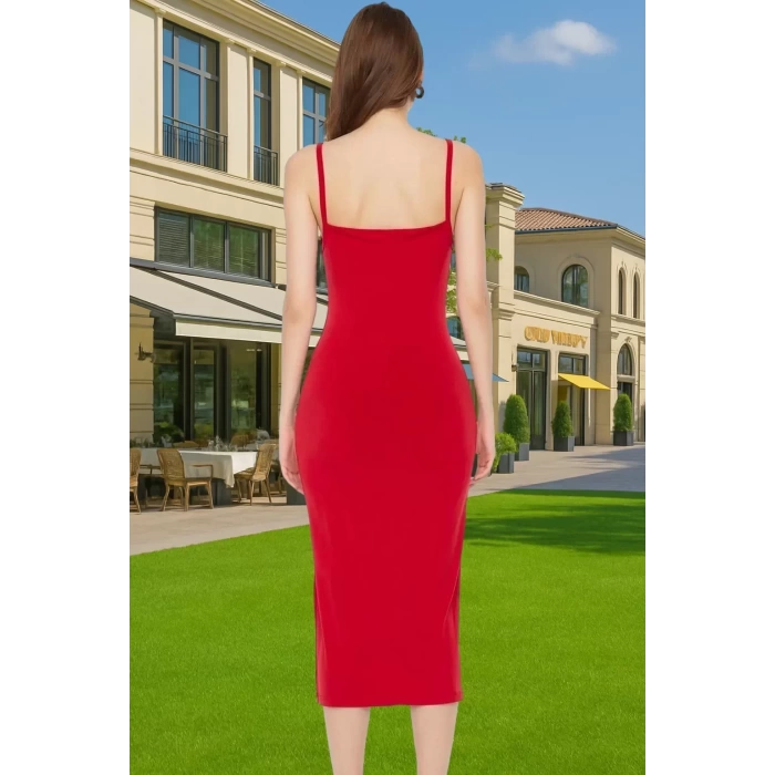 Vücudu Saran Şık Midi Boy Askılı Polyester Örme Elbise Özel Tasarım Seçkin Malzeme Yüksek Kalite