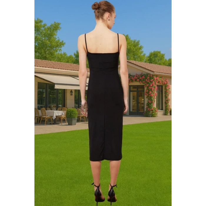 Vücudu Saran Şık Midi Boy Askılı Polyester Örme Elbise Özel Tasarım Seçkin Malzeme Yüksek Kalite
