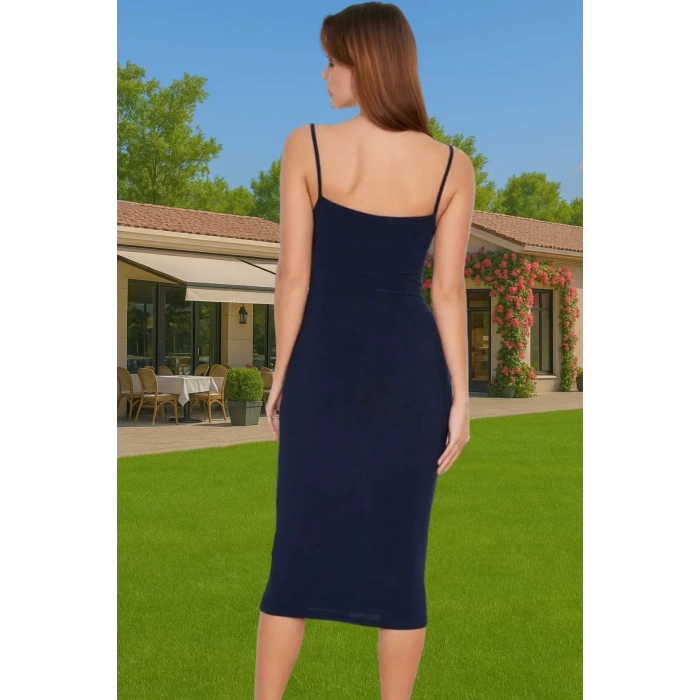 Vücudu Saran Şık Midi Boy Askılı Polyester Örme Elbise Özel Tasarım Seçkin Malzeme Yüksek Kalite
