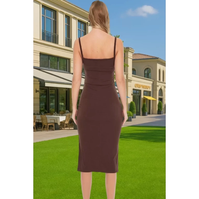 Vücudu Saran Şık Midi Boy Askılı Polyester Örme Elbise Özel Tasarım Seçkin Malzeme Yüksek Kalite