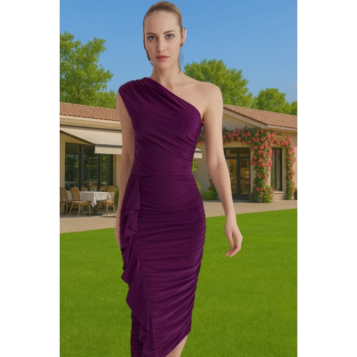 Vücudu Saran Tek Omuzlu Polyester Abiye Elbise Mezuniyet Balo Kaliteli İşçilik Konforlu Kesim