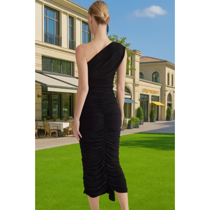 Vücudu Saran Tek Omuzlu Polyester Abiye Elbise Mezuniyet Balo Kaliteli İşçilik Konforlu Kesim
