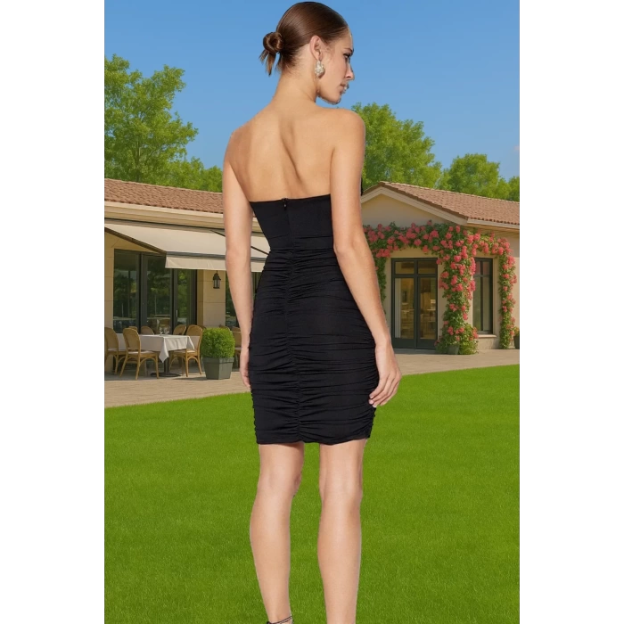 Vücut Hatlarını Vurgulayan Astarlı Straplez Mini Elbise Polyester Kumaş Profesyonel Görünüm