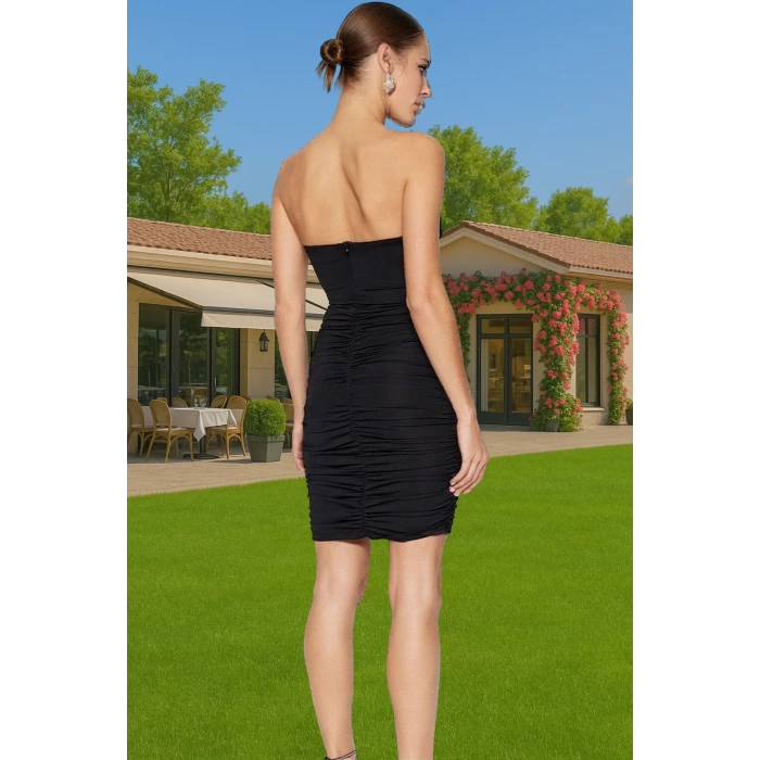 Vücut Hatlarını Vurgulayan Astarlı Straplez Mini Elbise Polyester Kumaş Profesyonel Görünüm