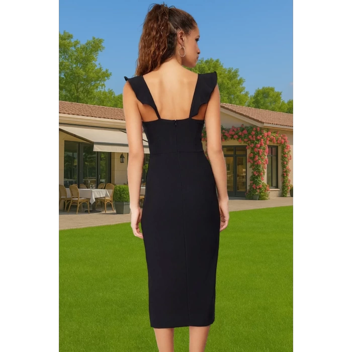 Vücut Hatlarını Vurgulayan Fırfırlı Midi Boy Dokuma Elbise Konforlu Kesim Modern Stil Premium Kalite