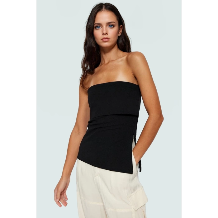 Yandan Fermuarlı Krep Örme Straplez Bluz Premium Kalite Modern Stil