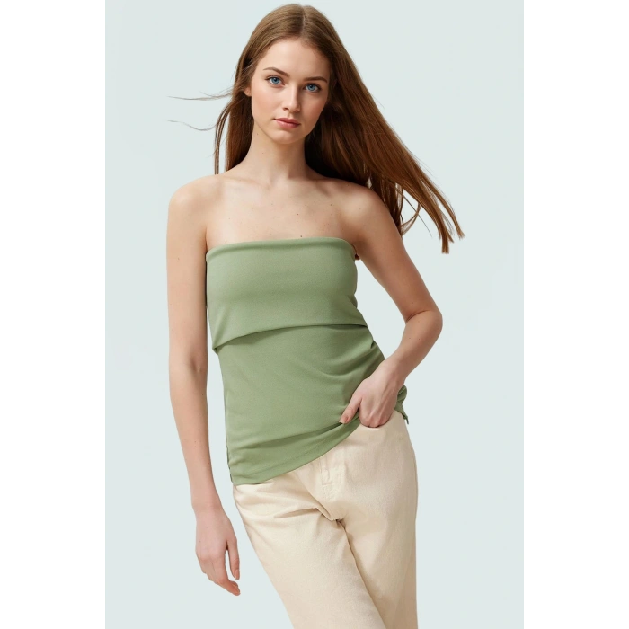 Yandan Fermuarlı Krep Örme Straplez Bluz Premium Kalite Modern Stil
