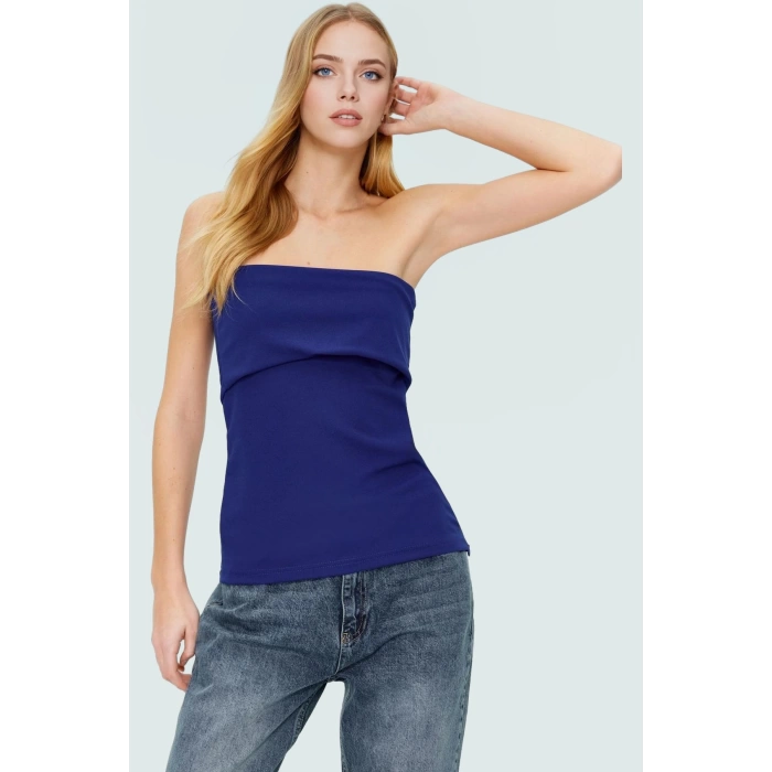 Yandan Fermuarlı Krep Örme Straplez Bluz Premium Kalite Modern Stil