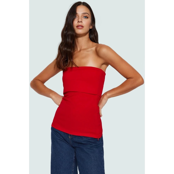Yandan Fermuarlı Krep Örme Straplez Bluz Premium Kalite Modern Stil