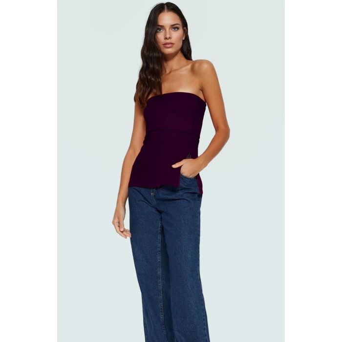 Yandan Fermuarlı Krep Örme Straplez Bluz Premium Kalite Modern Stil