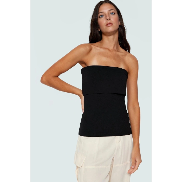 Yandan Fermuarlı Krep Örme Straplez Bluz Premium Kalite Modern Stil