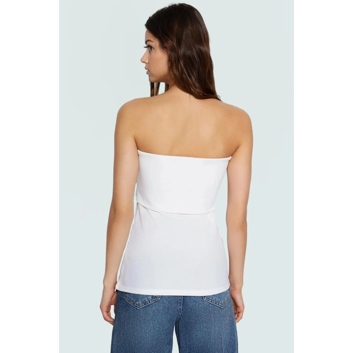 Yandan Fermuarlı Krep Örme Straplez Bluz Premium Kalite Modern Stil