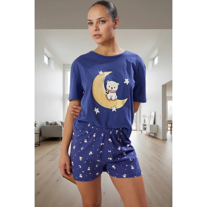 Yazlık %100 Pamuk Ayıcık Desenli Rahat Pijama Takımı Dayanıklı Malzeme Mükemmel Uyum Özel Tasarım