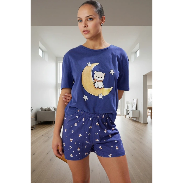 Yazlık %100 Pamuk Ayıcık Desenli Rahat Pijama Takımı Dayanıklı Malzeme Mükemmel Uyum Özel Tasarım