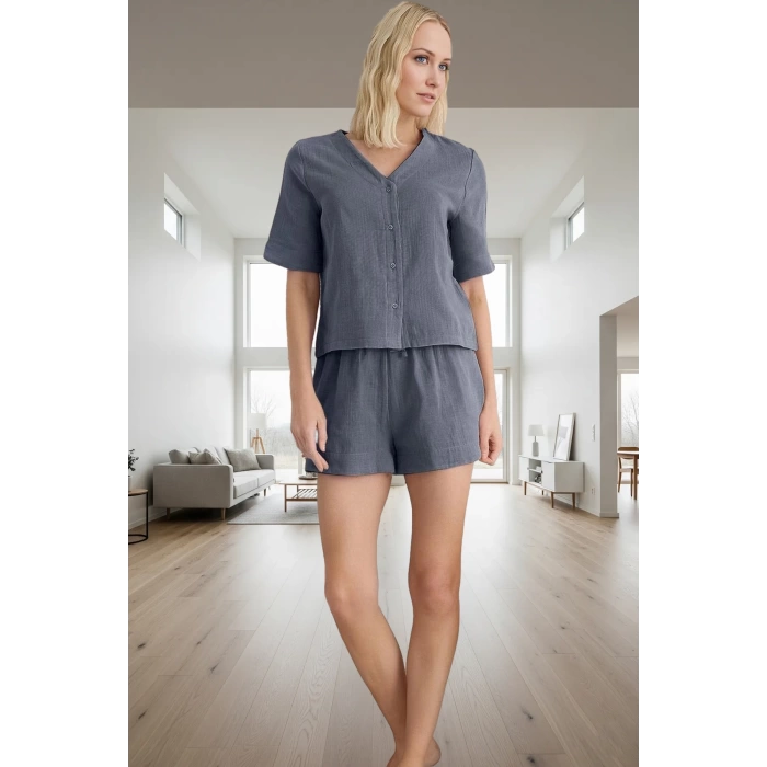 Yazlık %100 Pamuk Müslin Pijama Takımı; V Yaka Kısa Kol Regular Kalıp Mükemmel Uyum