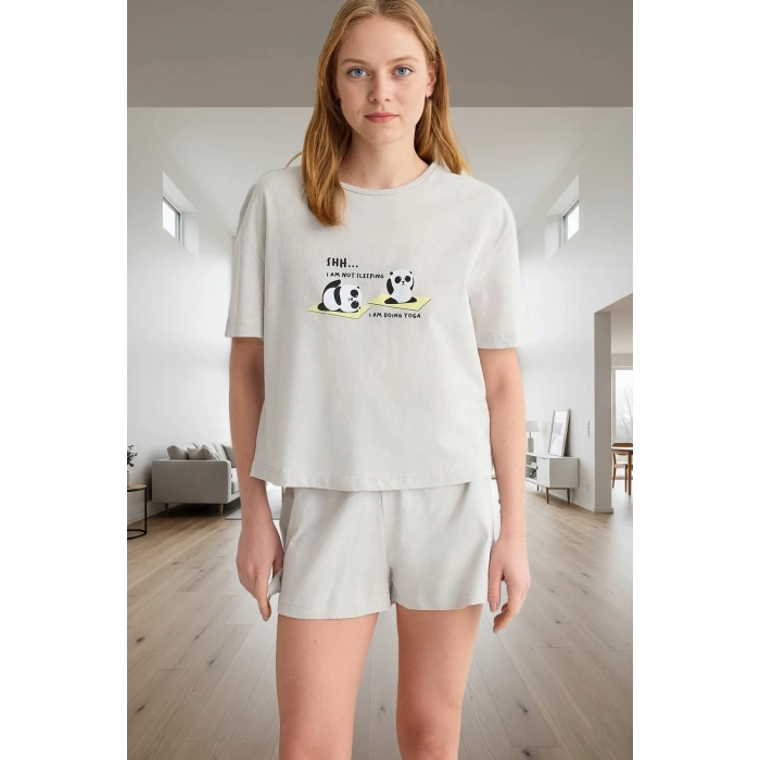 Yazlık %100 Pamuk Pijama Takımı Panda Baskılı Şortlu Regular Kalıp Rahat Kullanım Uzun Ömürlü