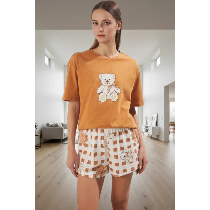 Yazlık %100 Pamuk Rahat Pijama Takımı Ayıcıklı Desenli Homewear Dayanıklı Malzeme Premium Kalite