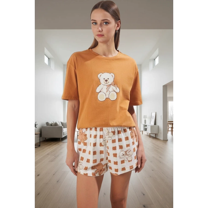 Yazlık %100 Pamuk Rahat Pijama Takımı Ayıcıklı Desenli Homewear Dayanıklı Malzeme Premium Kalite