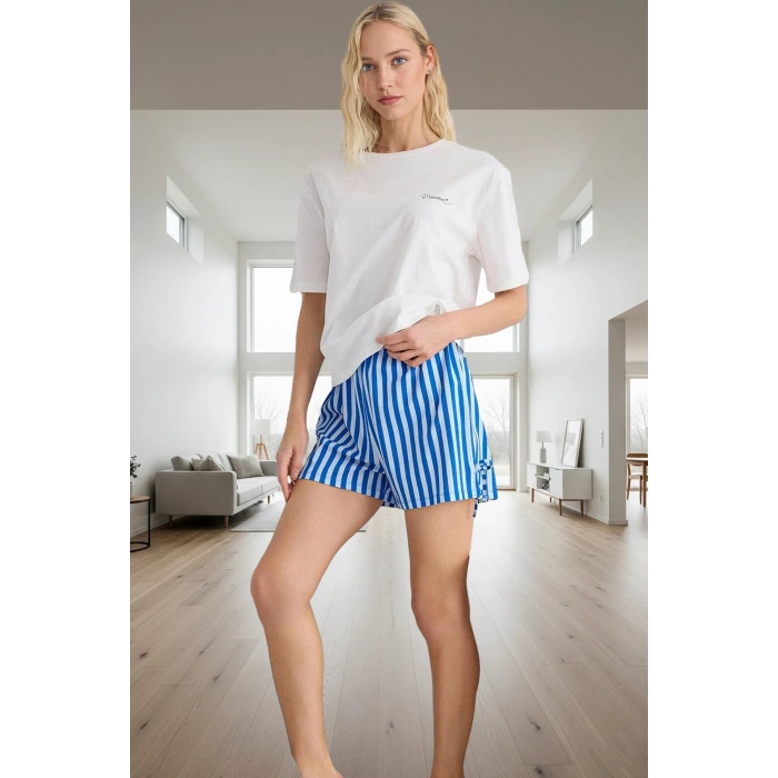 Yazlık %100 Pamuklu Pijama Takımı Çizgili Desen Bağlamalı Şort Regular Kalıp Trend Tasarım